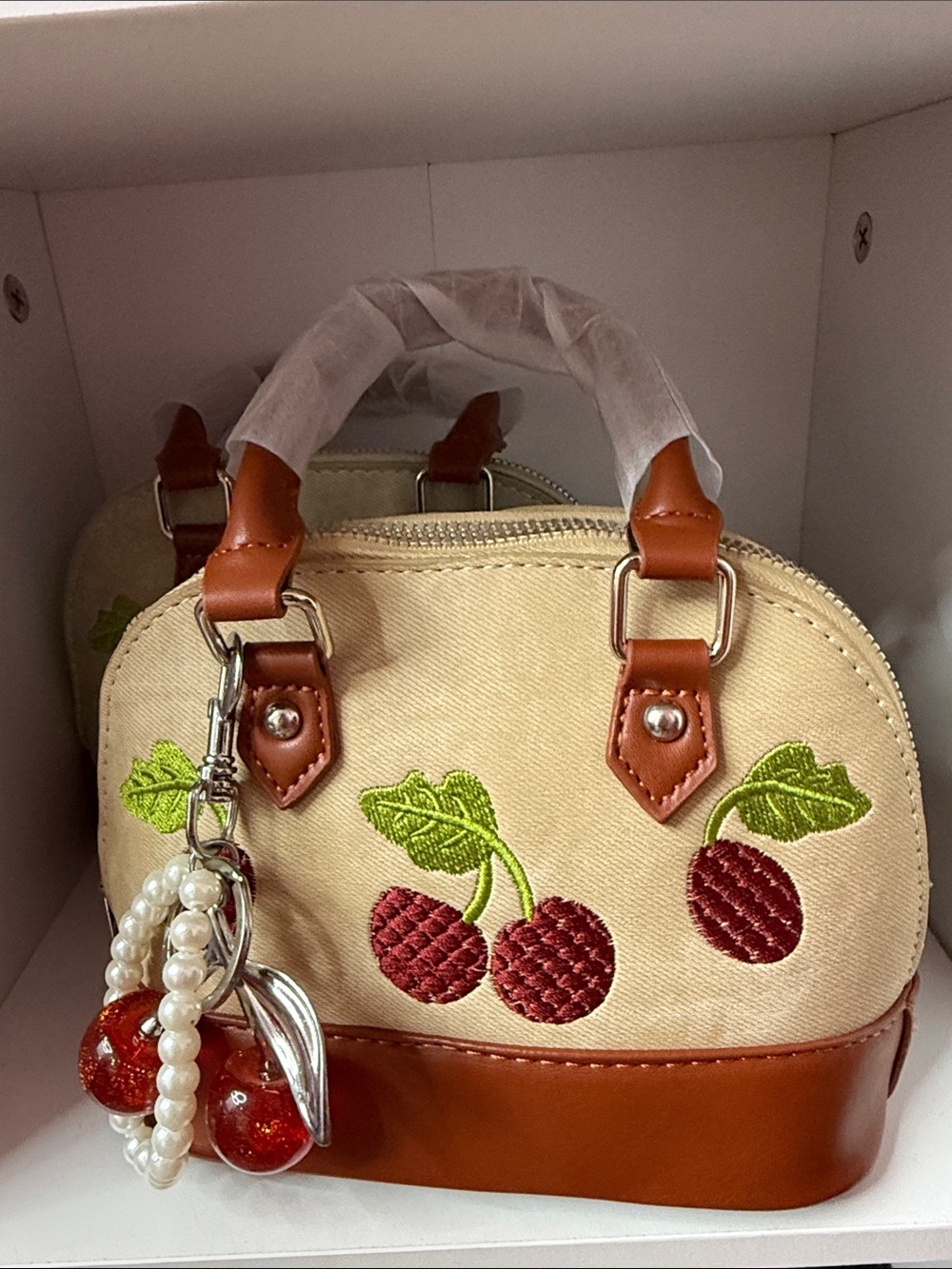 Cherry Embroidered Beige & Brown Top-Handle Bag